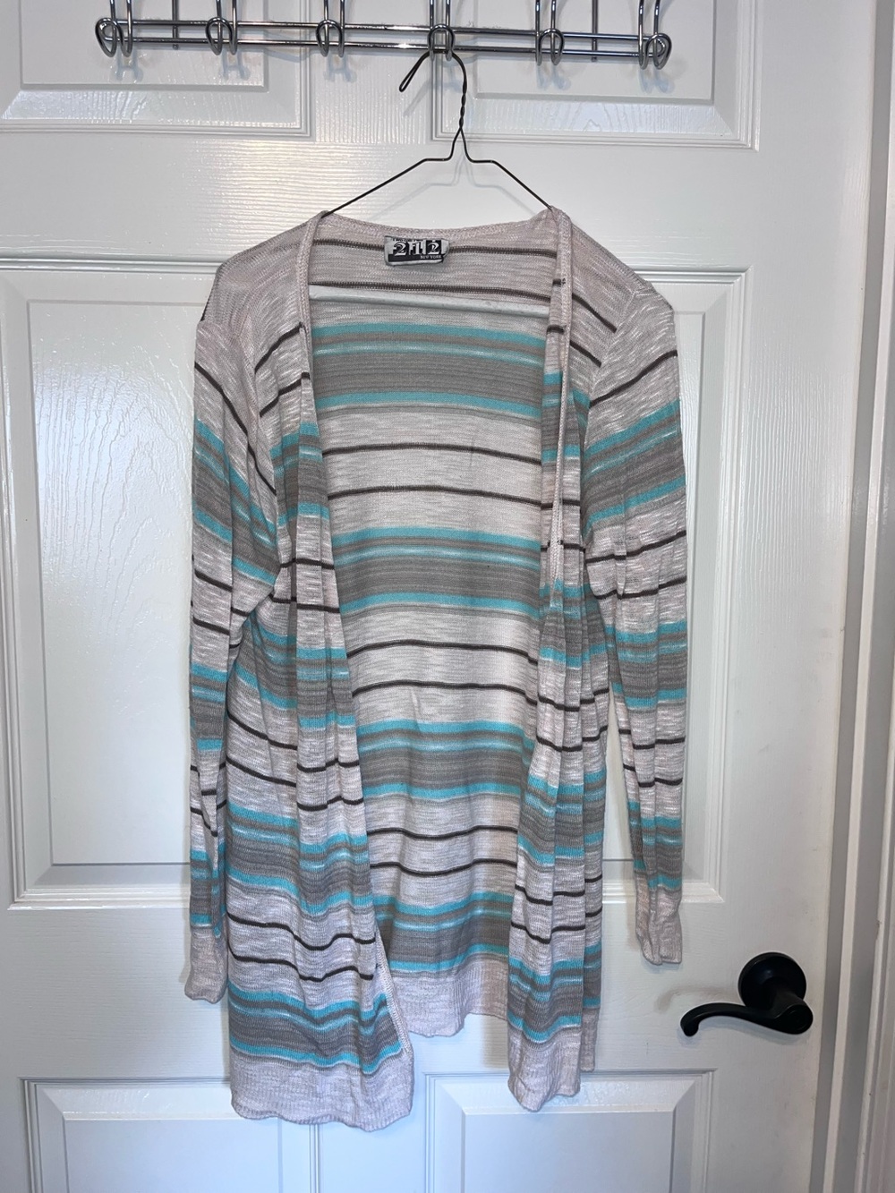 212 New York - Open-Front Striped Cardigan Sweater in Light Gray and Teal